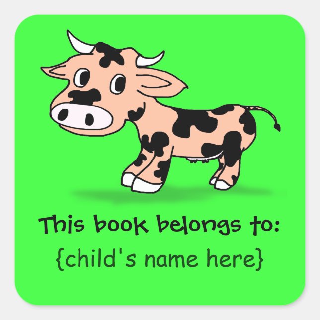 Patterned Cartoon Cow - Book Plate Square Sticker (Front)