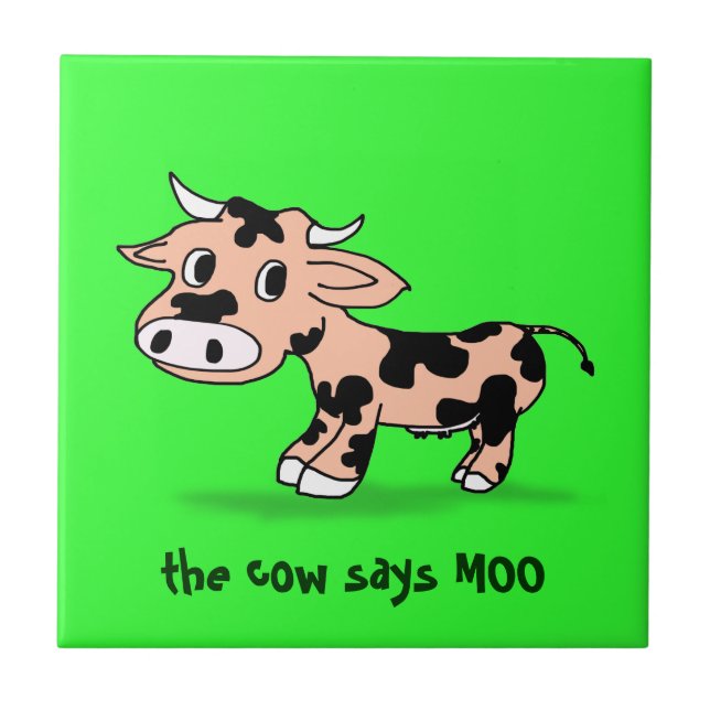 Patterned Cartoon Cow on Green with Moo Tile (Front)