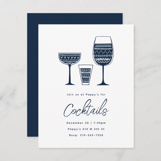Patterned Cocktails Navy Blue Cocktail Party Invitation (Front/Back)