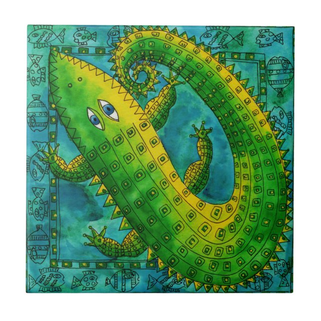 Patterned Crocodile Watercolour Illustration Ceramic Tile (Front)