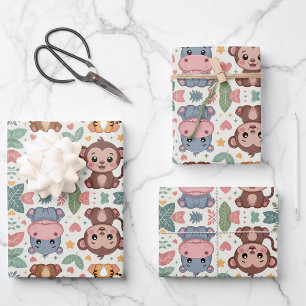 Patterned design featuring cartoon animals wrapping paper sheet