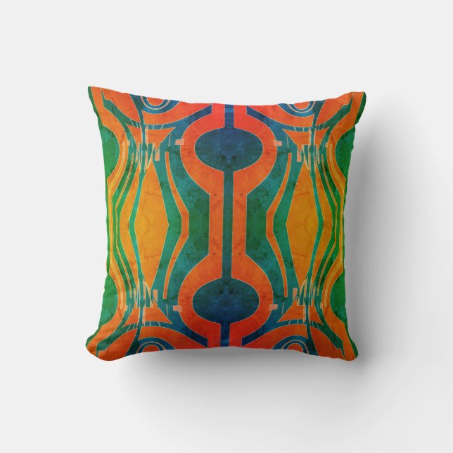 Patterned Effect Green Blue Orange Curvy Art Motif Cushion (Front)
