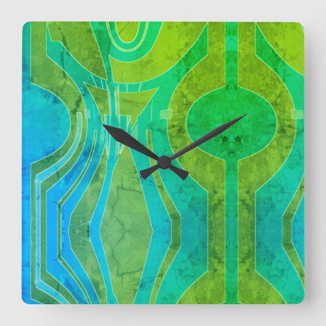 Patterned Effect Green Olive Blue Curvy Motif  Square Wall Clock (Front)