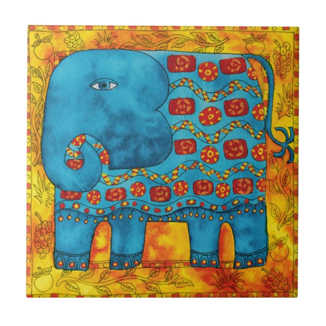 Patterned Elephant Watercolour Illustration Ceramic Tile (Front)