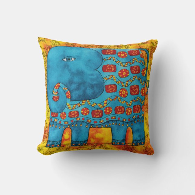 Patterned Elephant Watercolour Illustration Cushion (Front)