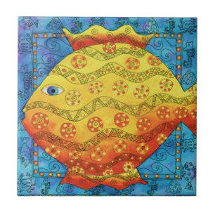 Patterned Fish Watercolour Illustration Ceramic Tile