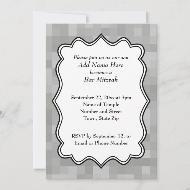 Patterned Grey, Black and White Bar Mitzvah Invitation (Front)
