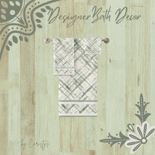 Patterned Moss Green on White Bath Towel Set