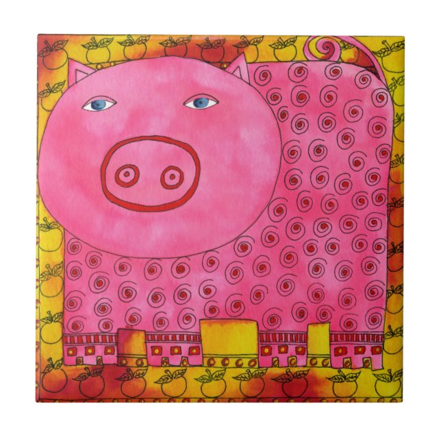 Patterned Pig Watercolour Illustration Ceramic Tile (Front)