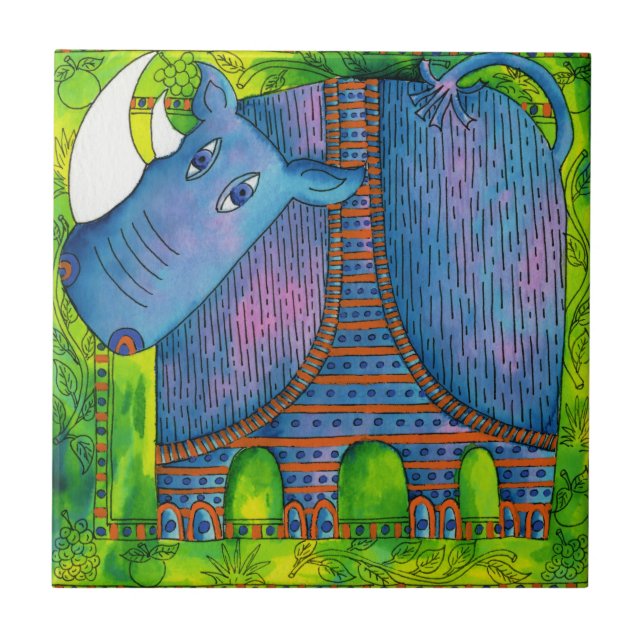 Patterned Rhino Watercolour Illustration Ceramic Tile (Front)