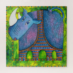 Patterned Rhino Watercolour Illustration Jigsaw Puzzle