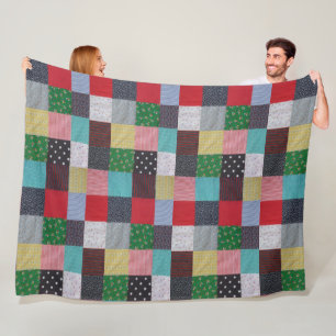 patterned squares of colourful vintage patchwork fleece blanket
