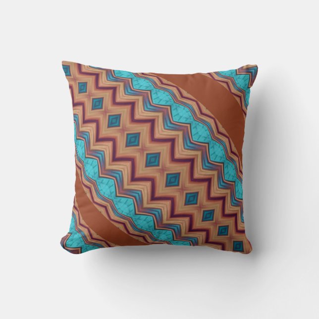 Patterned Teal, Rust, Brown Throw Pillow (Front)