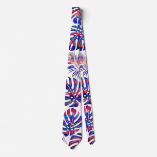 Patterned tropical leaves blue, red and gold tie