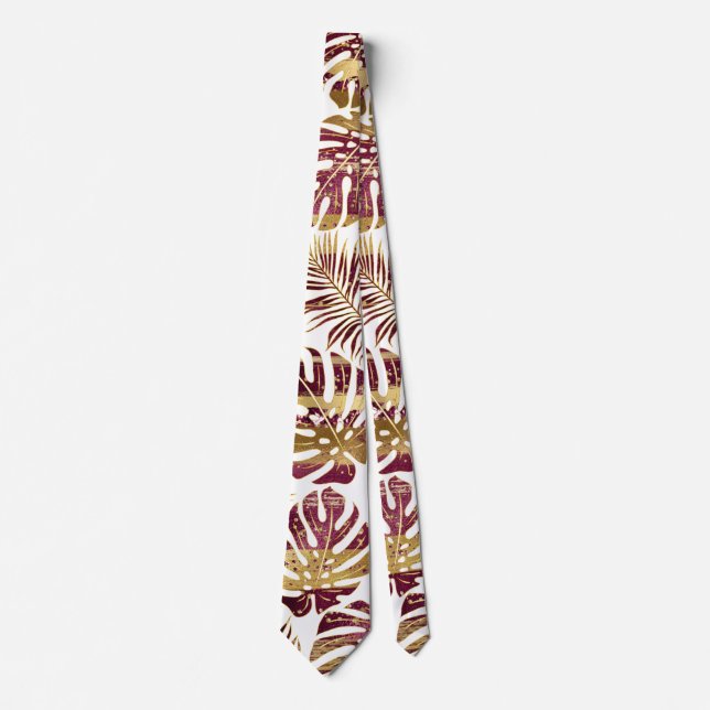 Patterned tropical leaves burgundy and gold tie (Front)