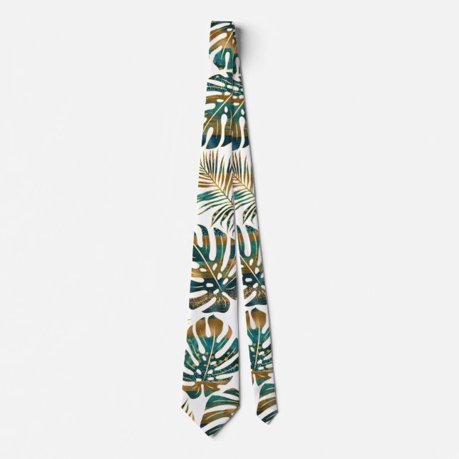 Patterned tropical leaves teal and gold tie (Front)