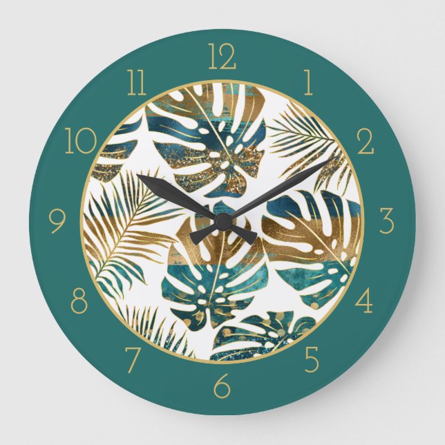Patterned tropical leaves teal, gold brush strokes large clock (Front)