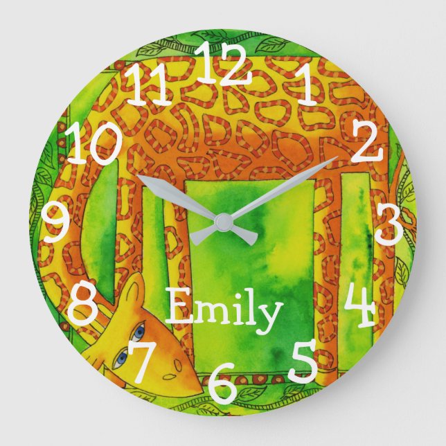 Patterned Watercolour Giraffe Personalised Name Large Clock (Front)