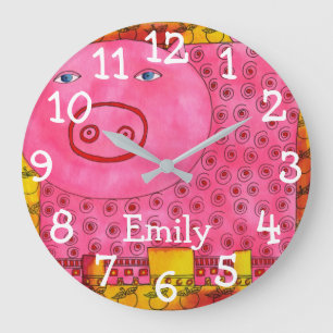 Patterned Watercolour Pig Personalised Name Large Clock