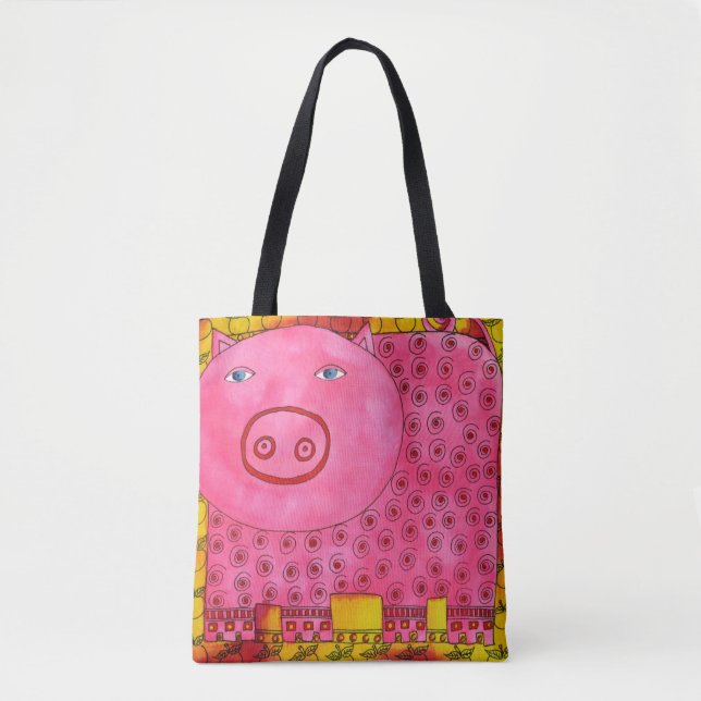 Patterned Watercolour Pig Tote Bag (Front)
