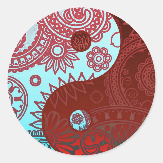 Patterned Yin Yang Red and Blue Classic Round Sticker (Front)