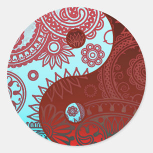Patterned Yin Yang Red and Blue Classic Round Sticker