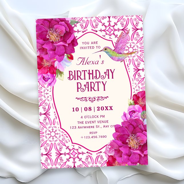 patternPink artistic tile floral birthday Invitation (Creator Uploaded)