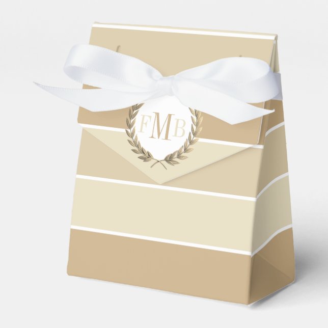 Patttern of beige stripes and initials wedding favour box (Front Side)