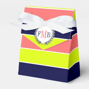 Patttern of colourful stripes and monogram wedding favour box
