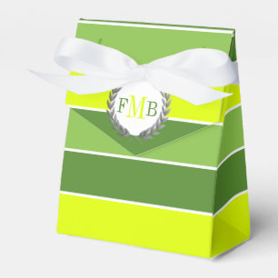 Patttern of green stripes and monogram wedding favour box