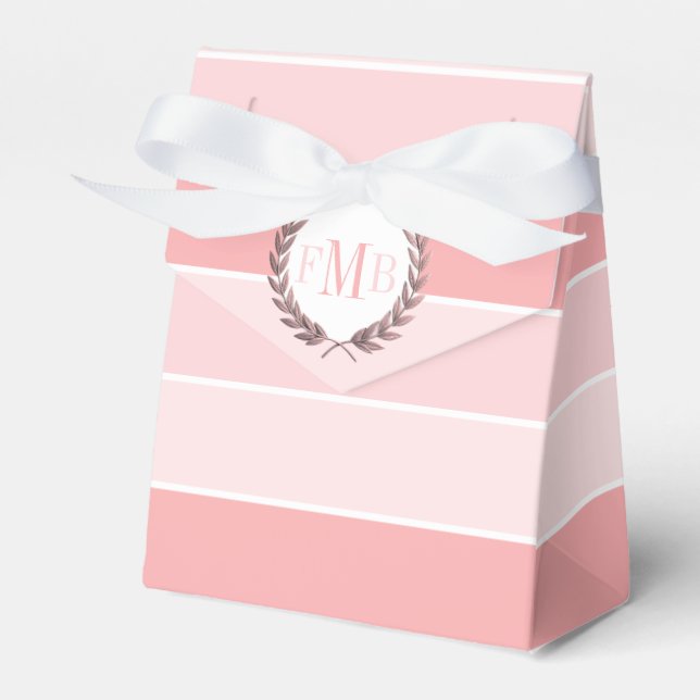 Patttern of pink stripes and initials wedding favo favour box (Front Side)