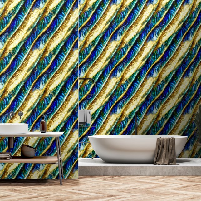 Paua blue gold abalone shell mural pattern wallpaper (Bathroom)