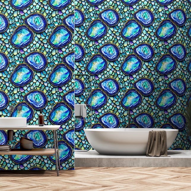 Paua blue gold abalone shells geometric pattern wallpaper (Bathroom)