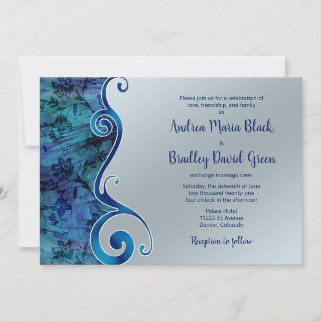 Paua Blue Silver Floral Scroll Wedding Invitation (Front)