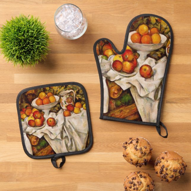 Paul Cezanne Apples Oranges Print Impressionism Oven Mitt & Pot Holder Set (Top Down)