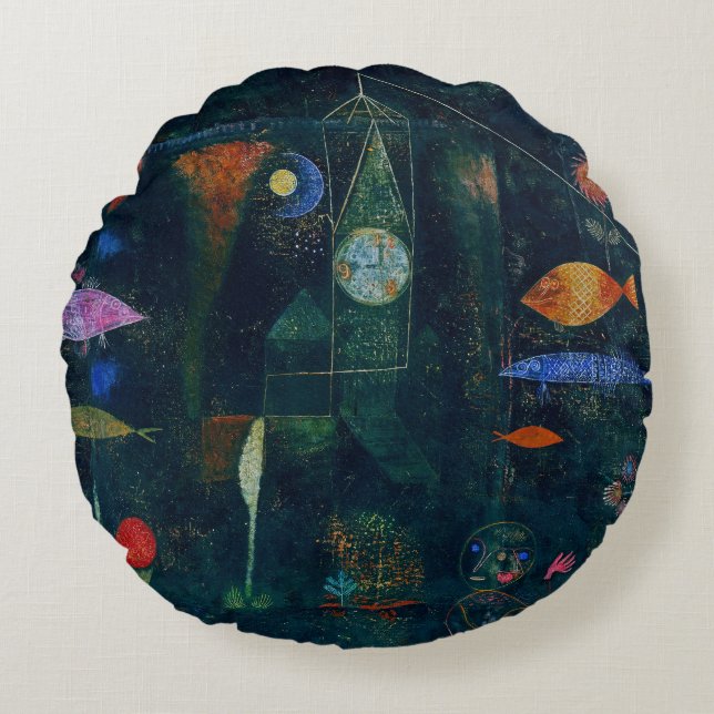 Paul Klee Fish Magic Abstract Painting Graphic Art Round Cushion (Front)