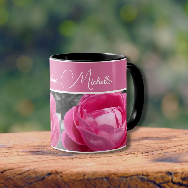 Paul Neyron Pink Rose Photo Mug (Perfect deep pink heirloom rose with warm pink band to personalize.)