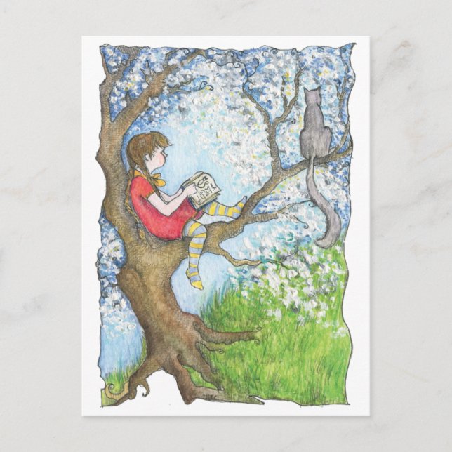 Pauline reading up the tree postcard (Front)