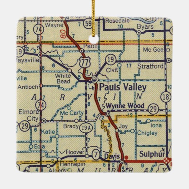 Pauls Valley OK Retro Map Ceramic Ornament (Back)