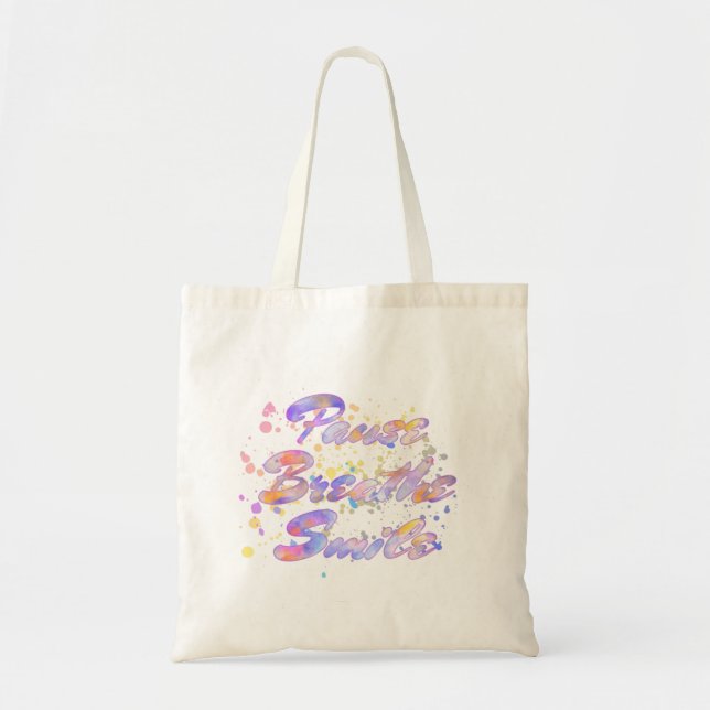 Pause Breathe Smile Watercolor Pink Mauve Yellow   Tote Bag (Front)
