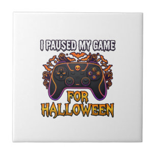 Paused Game Halloween Controller Bats Ghosts_1 Ceramic Tile