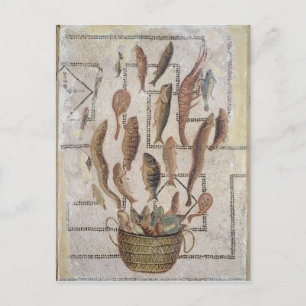 Pavement depicting fish escaping from a basket postcard