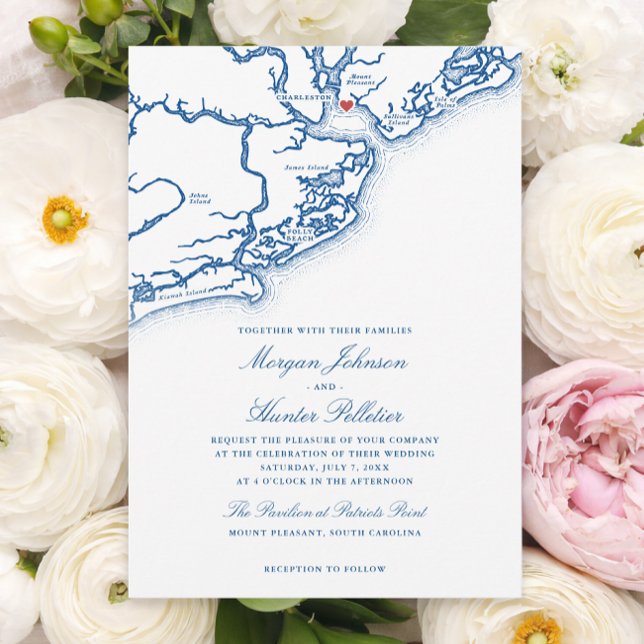 Pavilion at Patriots Point Wedding Mount Pleasant  Invitation (The Pavilion at Patriots Point Wedding Invitation | Mount Pleasant SC Map in Navy Blue )