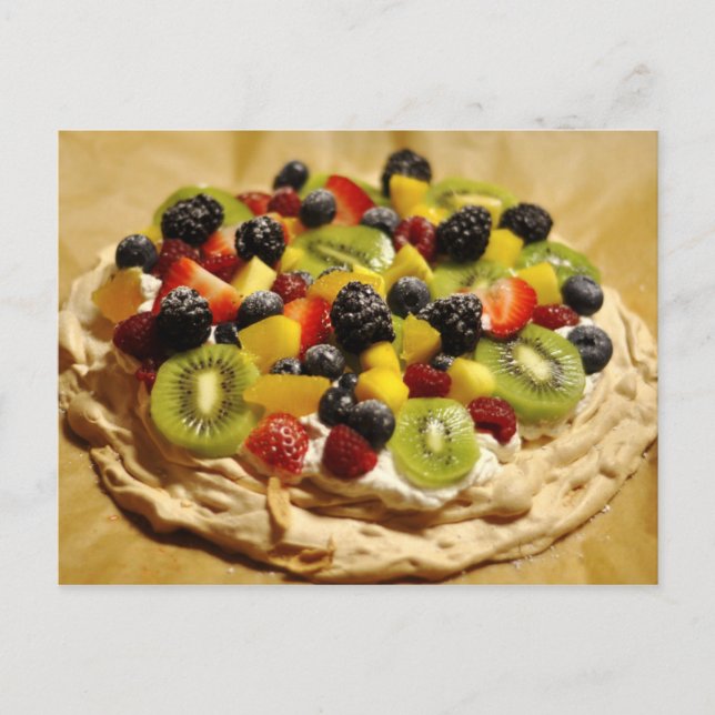 Pavlova garnished with colourful fruits postcard (Front)