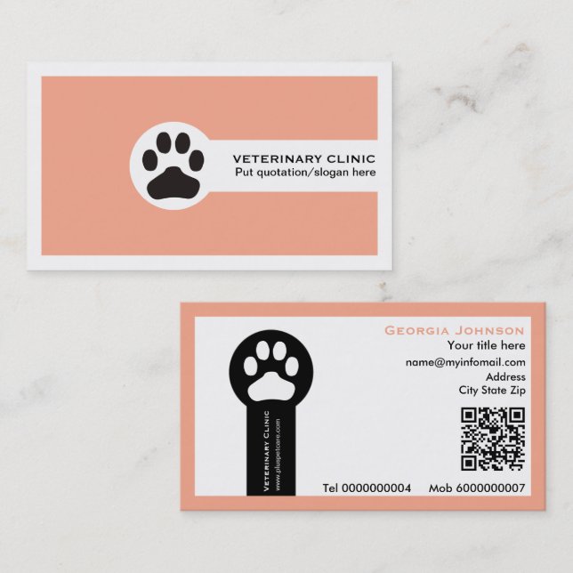 Paw and QR code peach Vet/Veterinary Clinic  Business Card (Front/Back)