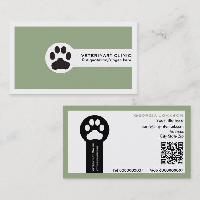 Paw and QR code sage green Vet/Veterinary Clinic  Business Card (Front/Back)