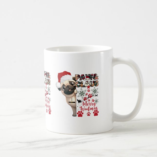 Paw Claus Pug in Santa Hat Snowflakes Dog Lovers. Coffee Mug (Right)
