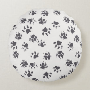 Paw Footprints: Dog Monochrome Seamless. Round Cushion