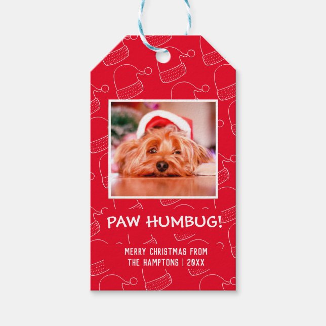 Paw Humbug Pet Photo Red Christmas Gift Tags (Front)