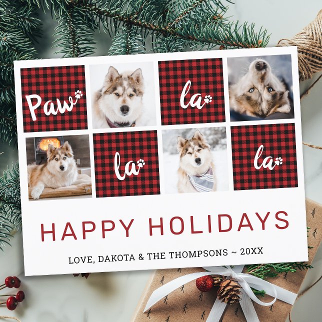 Paw La La La Red Buffalo Plaid Pet Photo Collage Holiday Postcard (Creator Uploaded)
